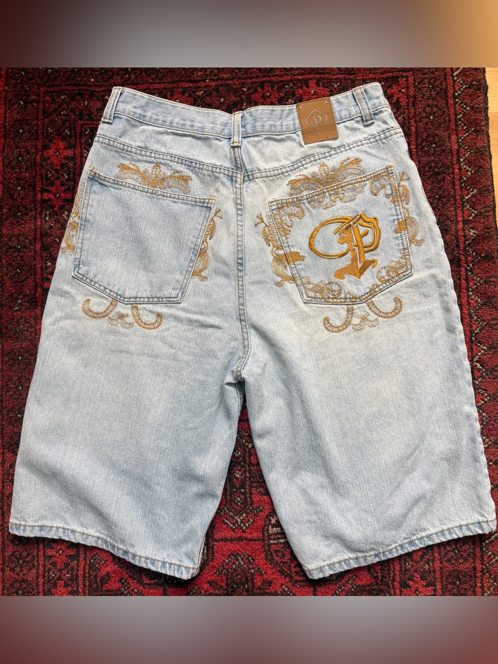 Pellepelle Super Baggy Light Wash Embroidered Jorts Mens Size 32